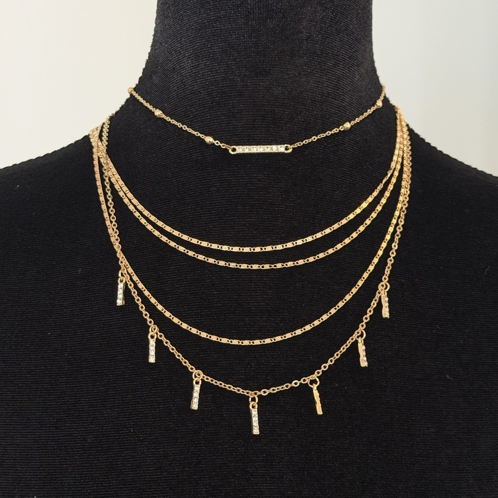 Vintage Layered Chain Necklace Gold Tone Rhinestone Pendant 90s Friends